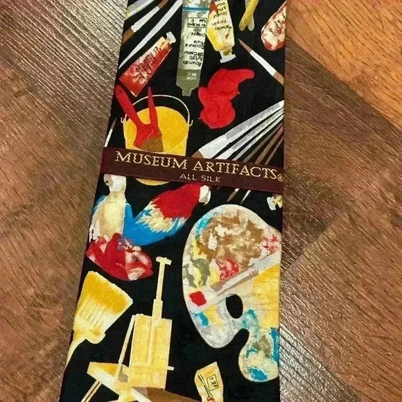 Museum Artifacts all silk tie with art supplies - Picture 3 of 3